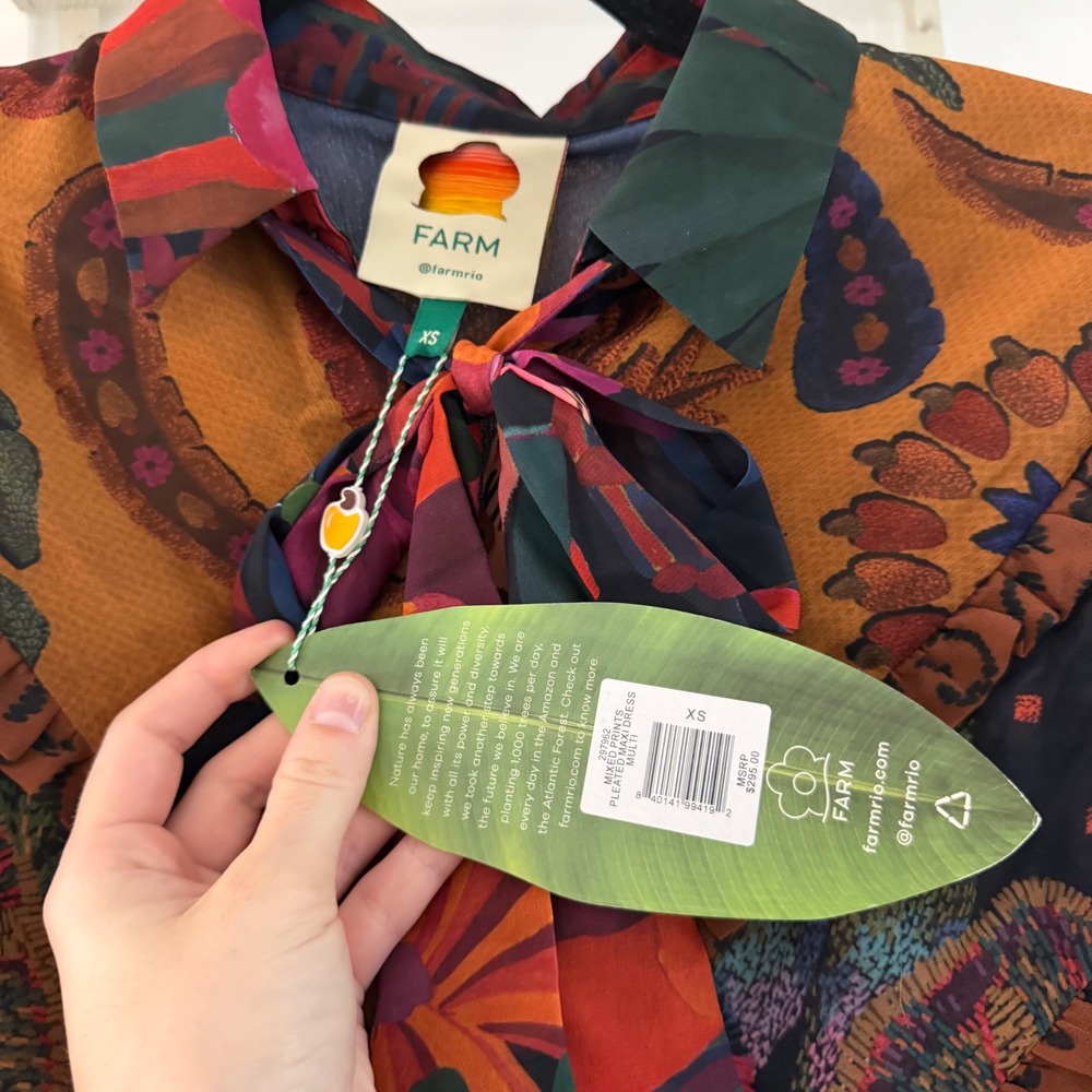 Farm Rio Mixed Print Pleated Maxi Dress Boho Colorful Maximalist Modest Vacay XS - Picture 5 of 8